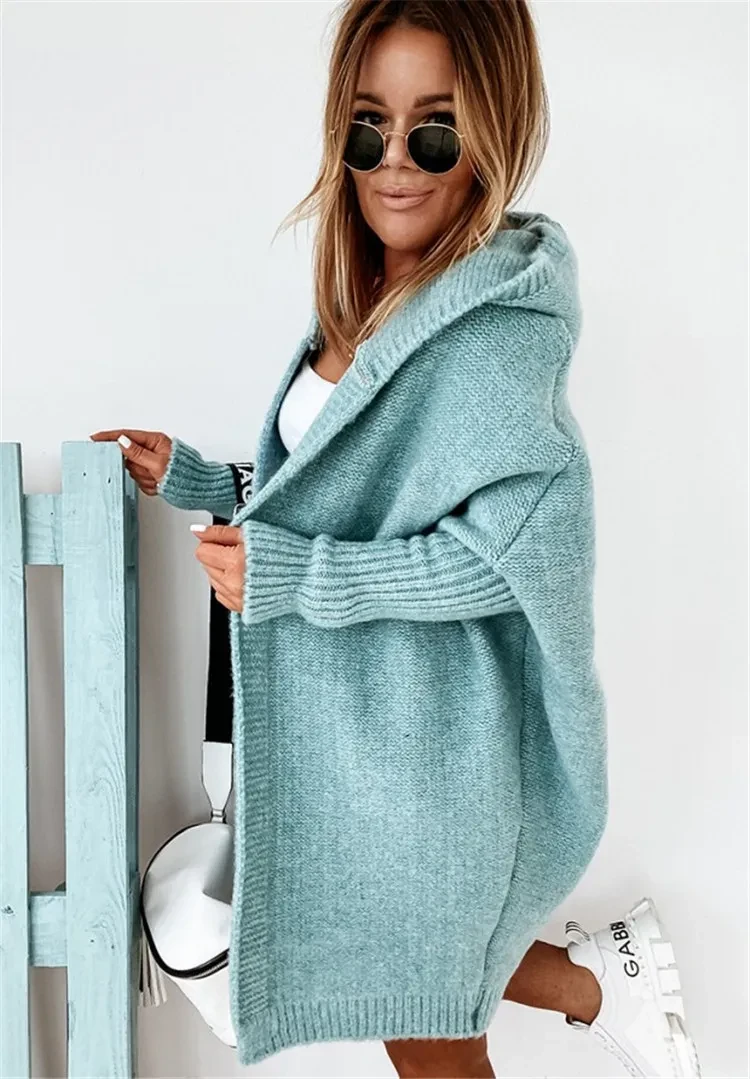 Fashion Bat Sleeve Hooded Cardigan Oversized Loose Temperament Solid Color Sweater Womens Clothing