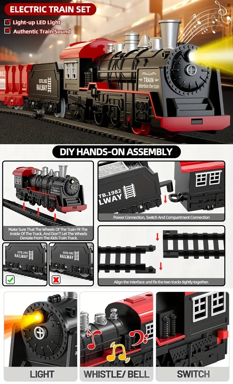 Vintage Steam Engine Electric Train Set with Lights & Sounds - Battery-Powered, Non-Rechargeable AA Batteries Included - Perfect Gift for Christmas, Halloween, Thanksgiving