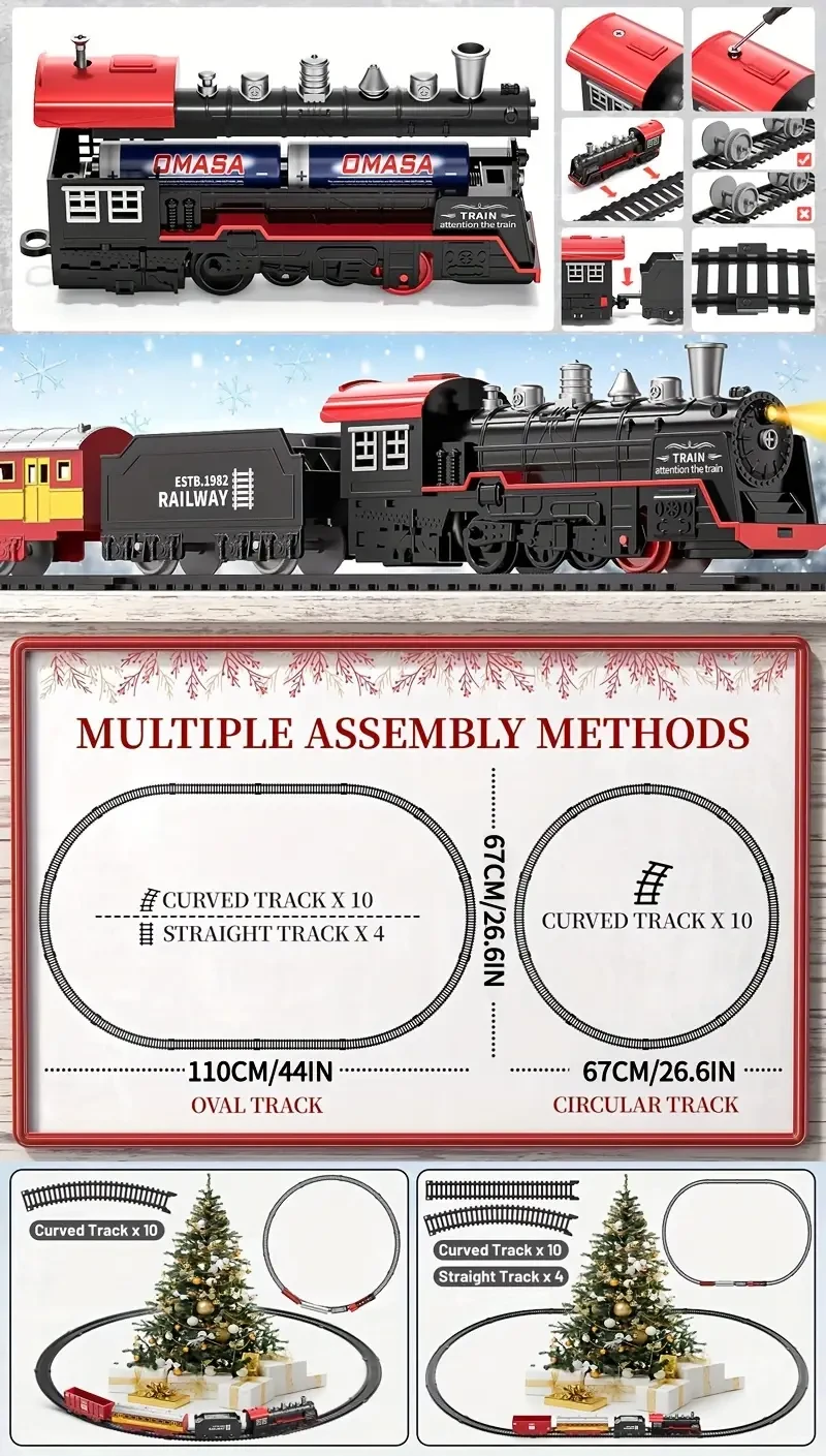 Vintage Steam Engine Electric Train Set with Lights & Sounds - Battery-Powered, Non-Rechargeable AA Batteries Included - Perfect Gift for Christmas, Halloween, Thanksgiving