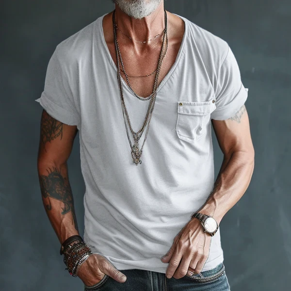 Men's V Neck Breast Pocket Short Sleeve Cargo T-Shirt