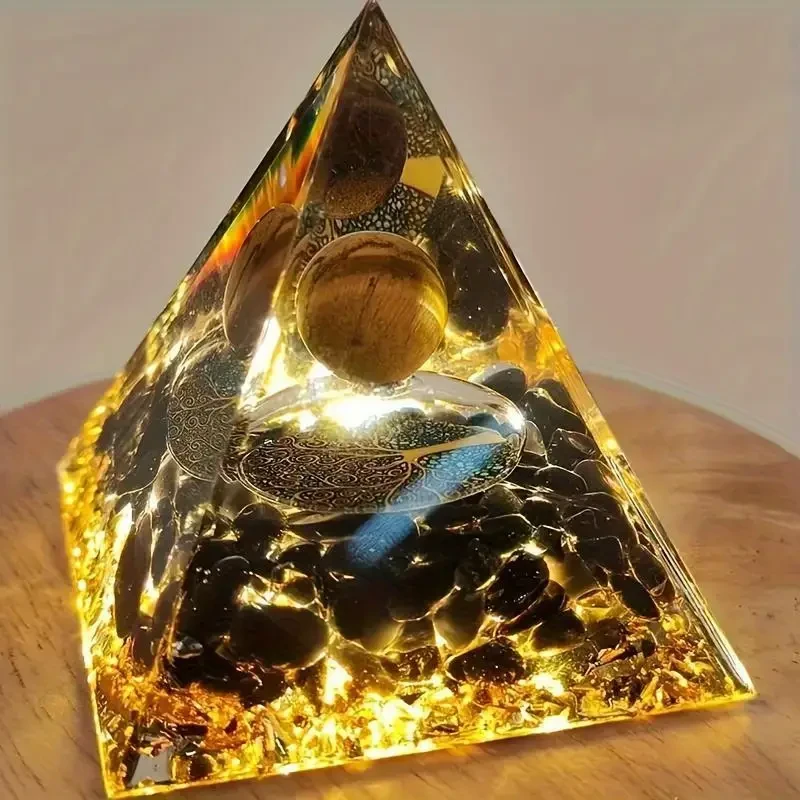 Tiger's Eye & Obsidian Crystal Pyramid - Spiritual Protection & Prosperity Decor