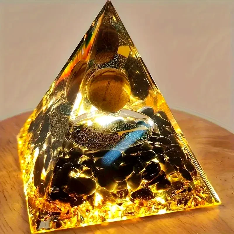 Tiger's Eye & Obsidian Crystal Pyramid - Spiritual Protection & Prosperity Decor