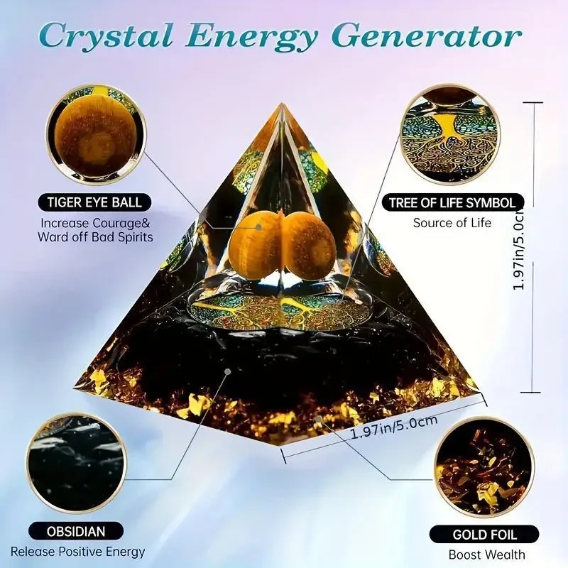 Tiger's Eye & Obsidian Crystal Pyramid - Spiritual Protection & Prosperity Decor
