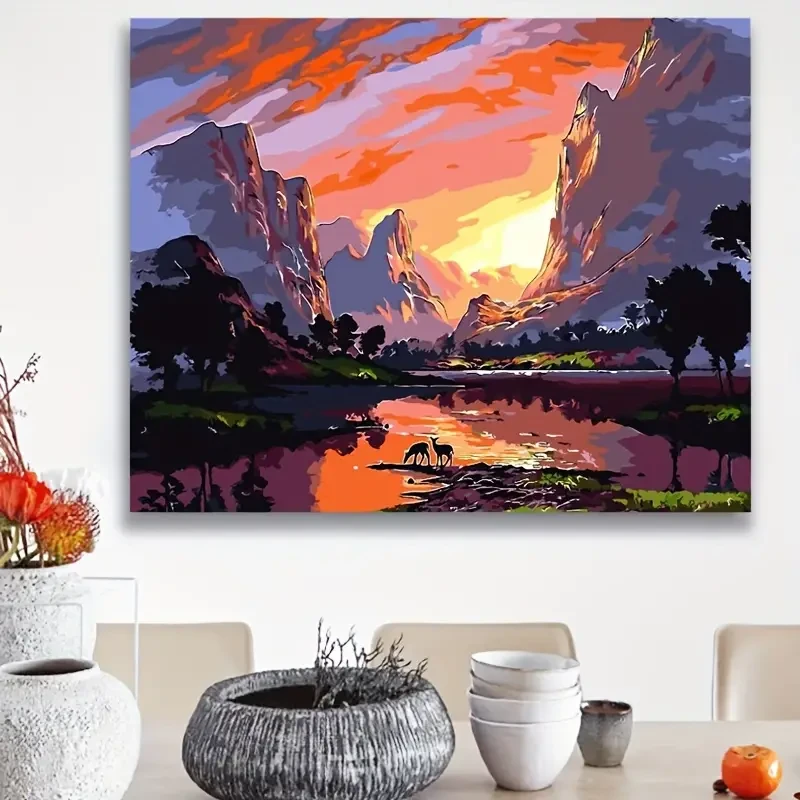 Paint By Number Kit on Canvas 40x50 cm (with Wooden Frame) - Sunset City Scene