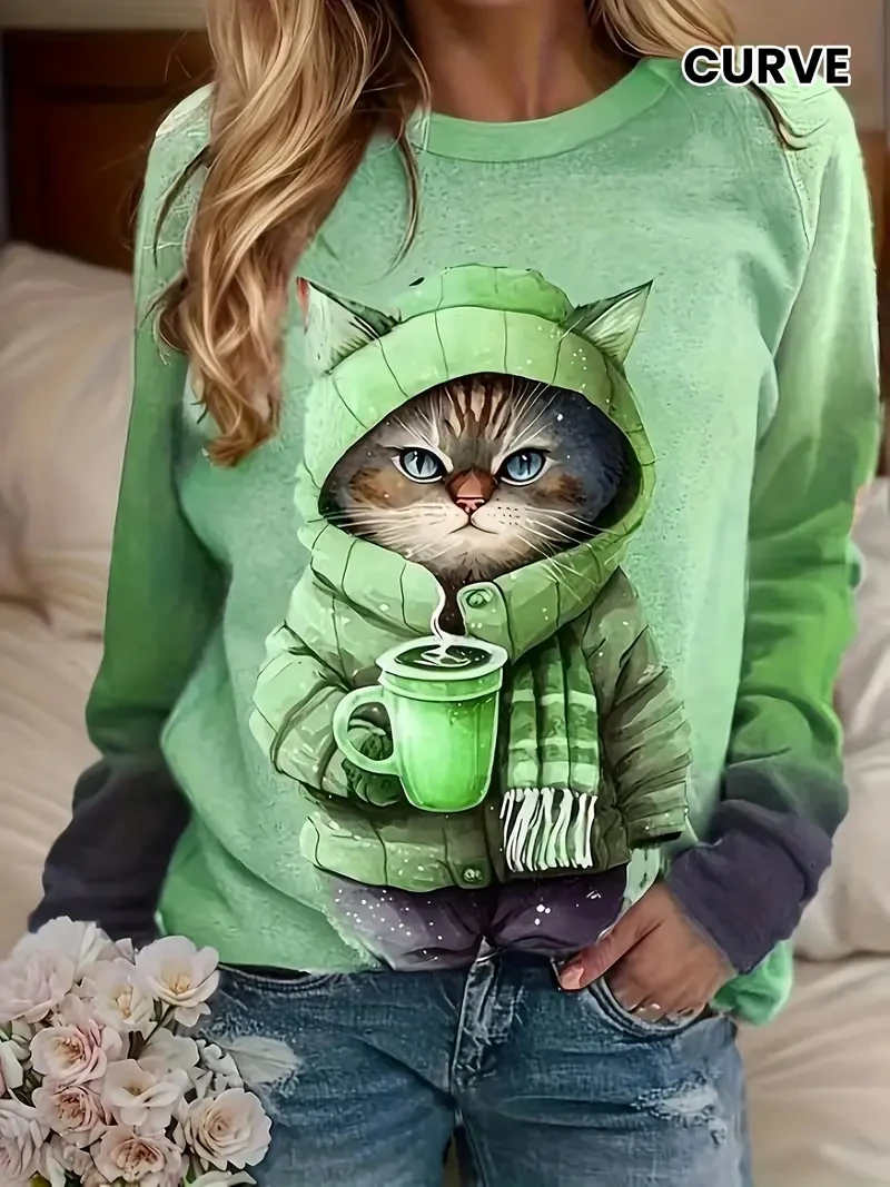 Plus Size Cat Print Sweatshirt