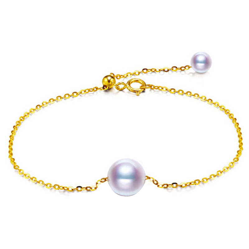 Single 18K Gold Japanese Akoya Sea Pearl Bracelet Adjusts Natural Rose White Color Gold Flawless Bulb