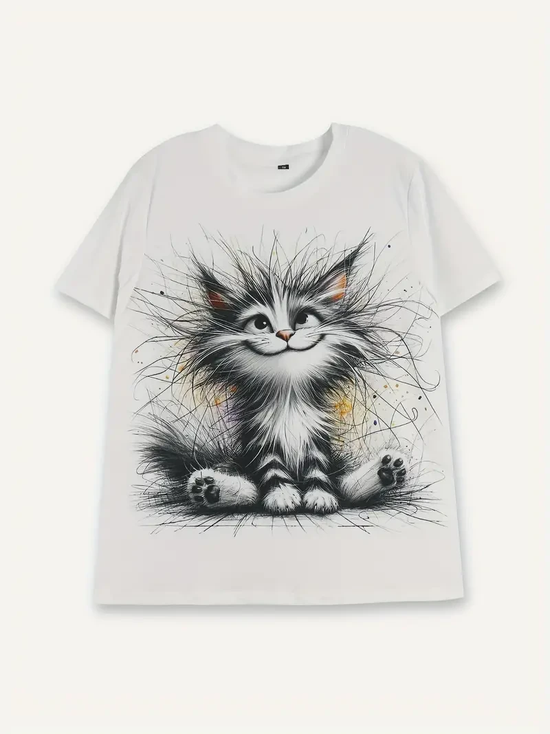Fuzzy Whimsical Cat Graphic Crew Neck T-Shirt