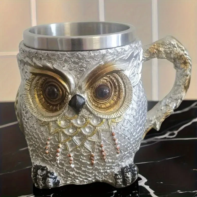 Hand-carved Owl Stainless Steel Resin Mug Coffee Mug