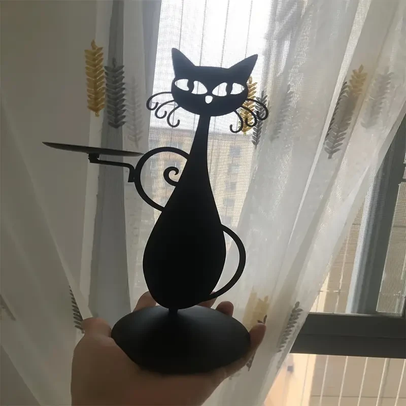 1pc Whimsical Black Metal Cat Candle Holder