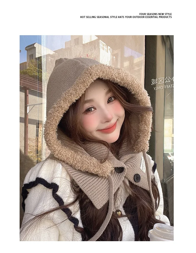 Korean Balaclava Hat Female Winter Warm Hat Scarf One Couple Earflaps Woolen Knitted Hat