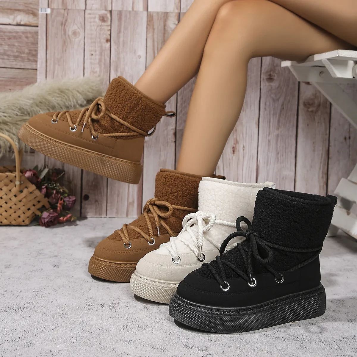Lace-up Snow Boots Winter Flat Thick-soled Height-enhancing Cotton Shoes