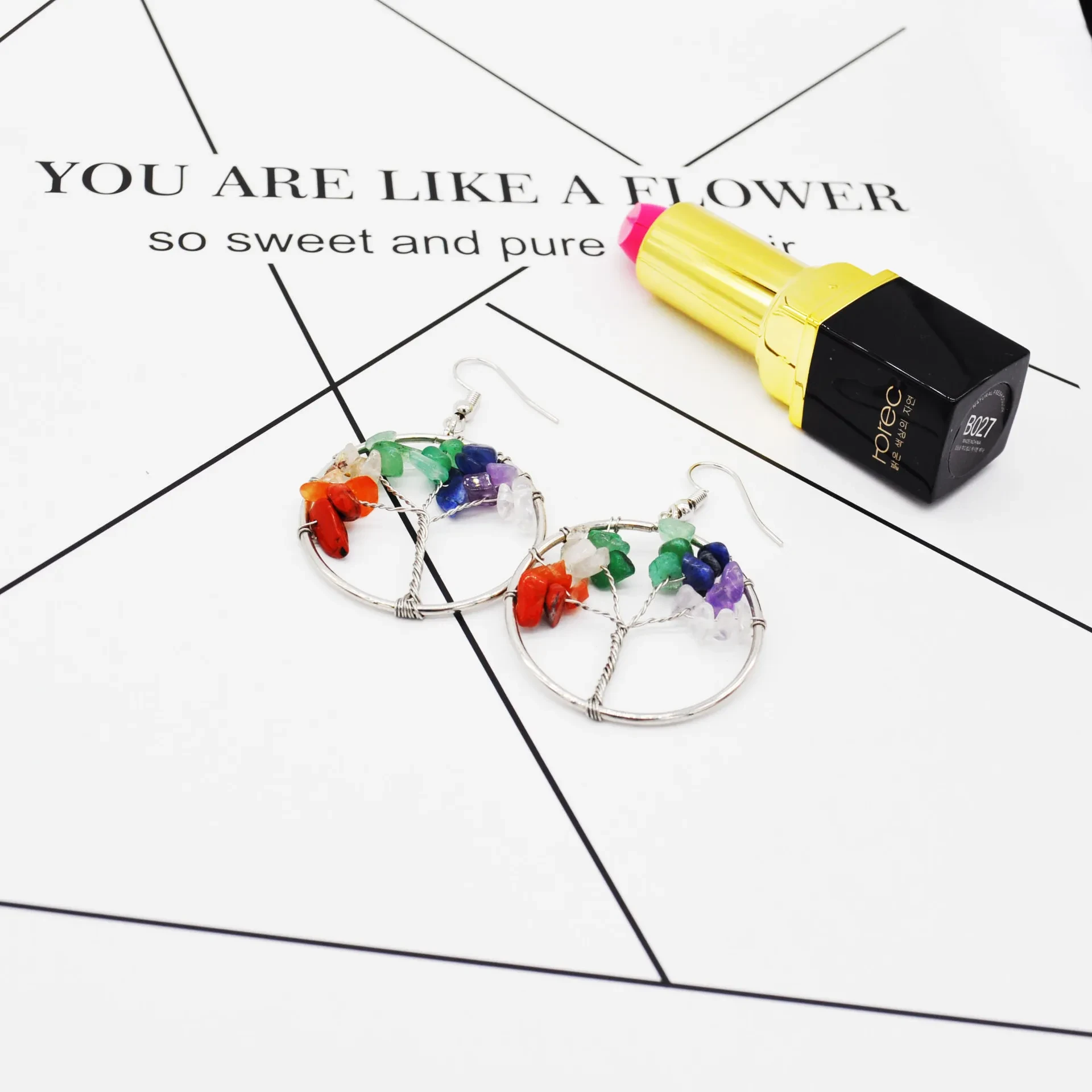 Natural Crystal Crushed Stone Tree Wishing Tree Earrings Crystal Tree Earrings Jewelry