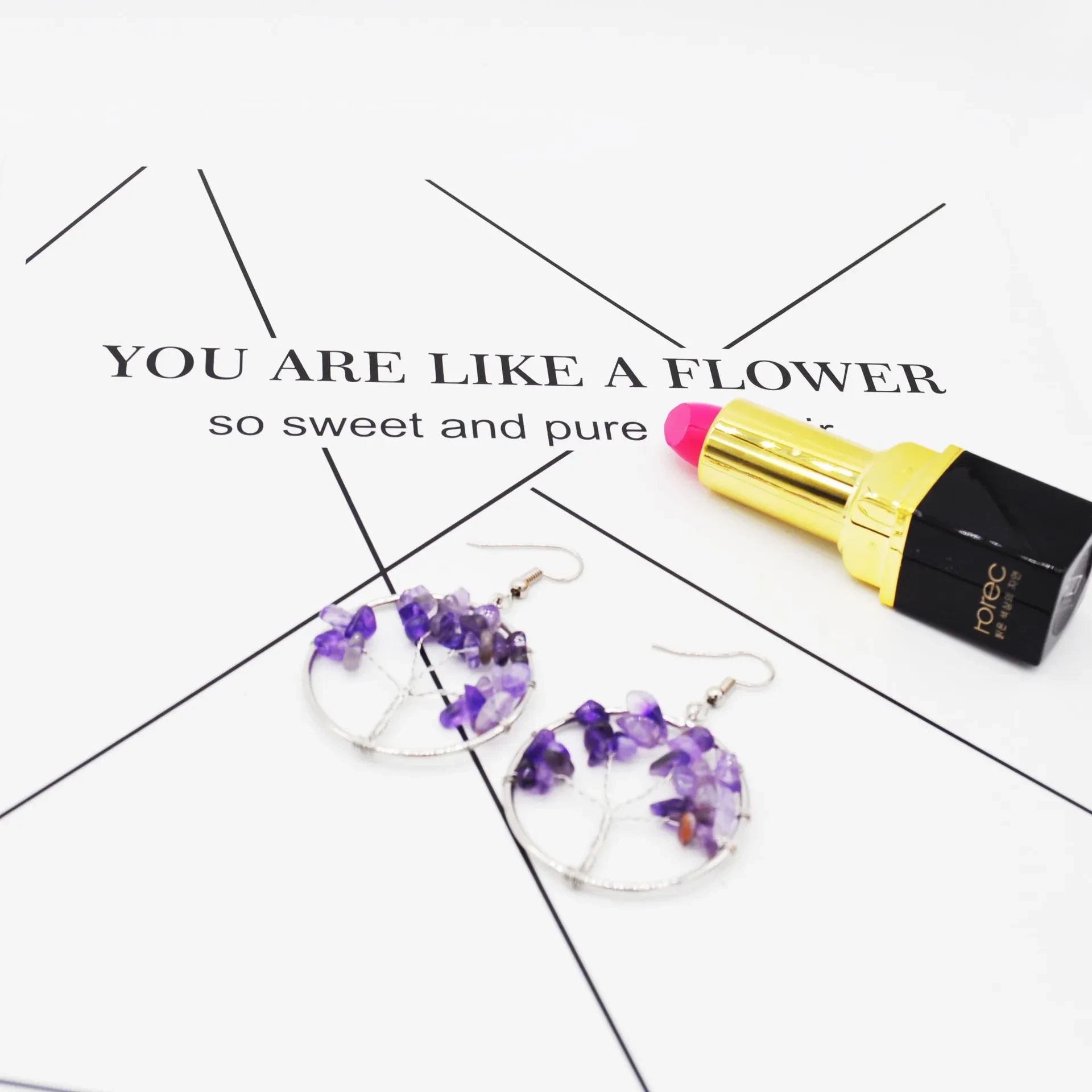 Natural Crystal Crushed Stone Tree Wishing Tree Earrings Crystal Tree Earrings Jewelry