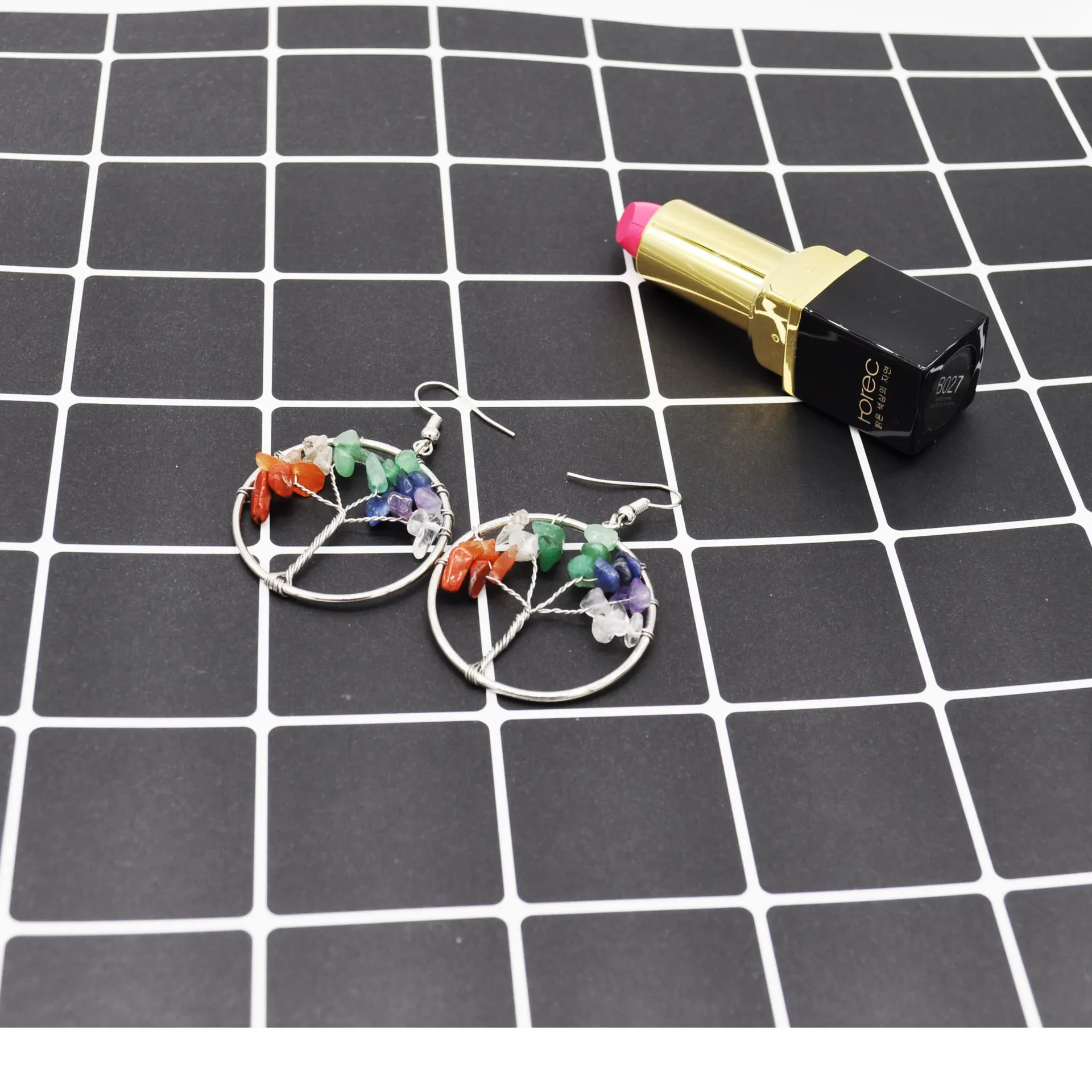 Natural Crystal Crushed Stone Tree Wishing Tree Earrings Crystal Tree Earrings Jewelry