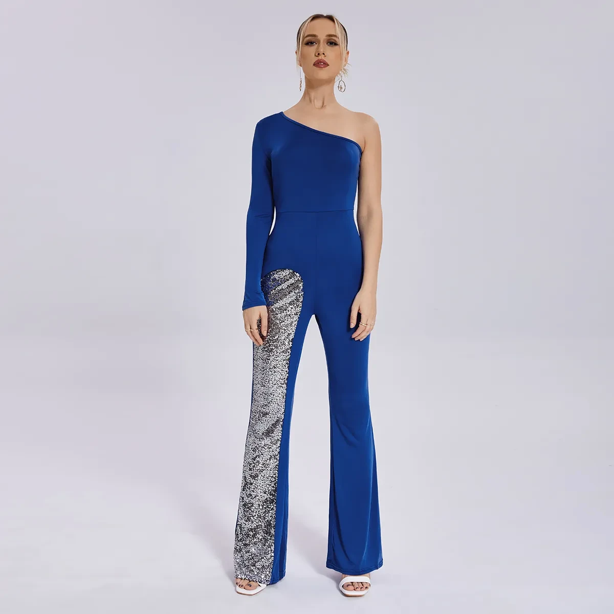 Leg Jumpsuit Mesh One Sleeve Flared