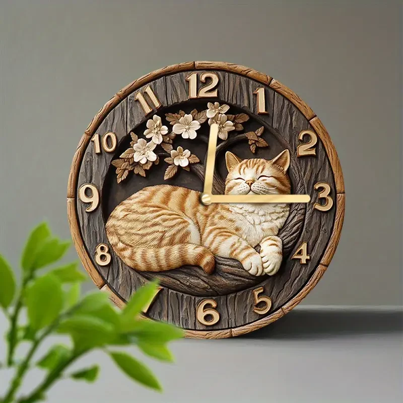 Charming Tabby Cat & Cherry Blossom Wall Clock