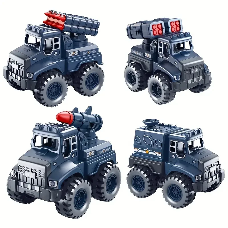 Push-Operated 4-Piece Mini Military Series Armored Vehicles Set with Missile and Rocket Launcher Models for Boys, Suitable for Ages 3-6 Years  Inertia Toy Trucks with No Wireless Features