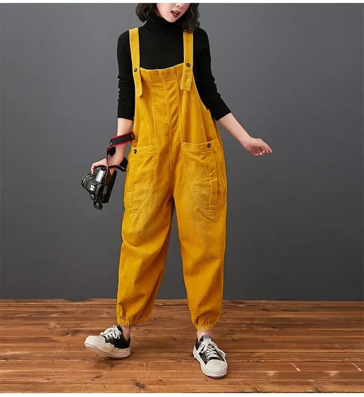 Corduroy Large Pocket Age Reduction Plus Size Overalls