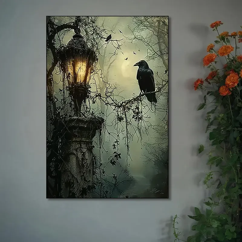 Mysterious 1pc Gothic Raven and Lantern Wall Art Canvas Print