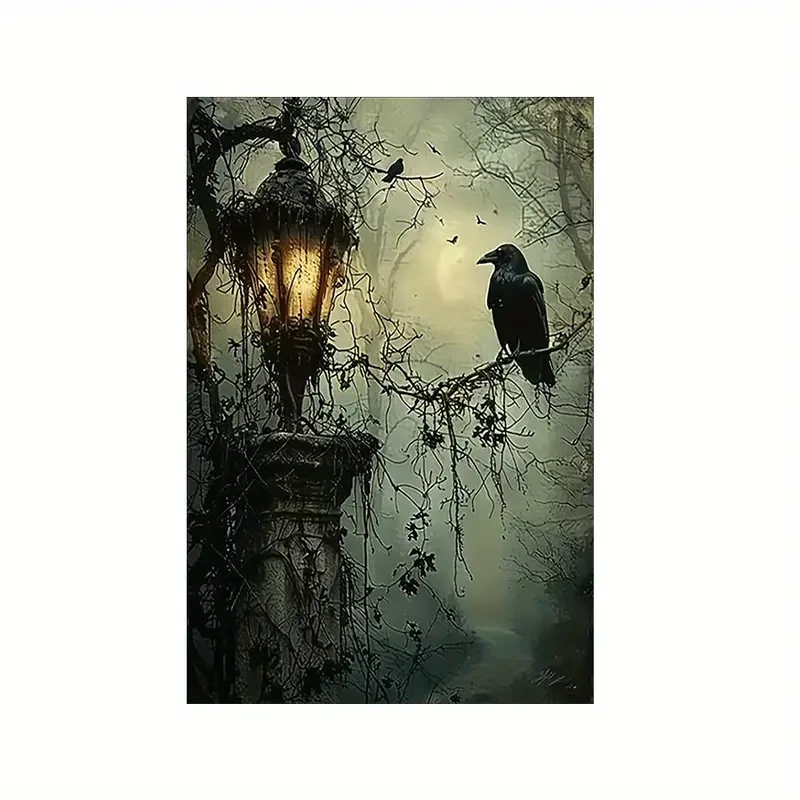Mysterious 1pc Gothic Raven and Lantern Wall Art Canvas Print