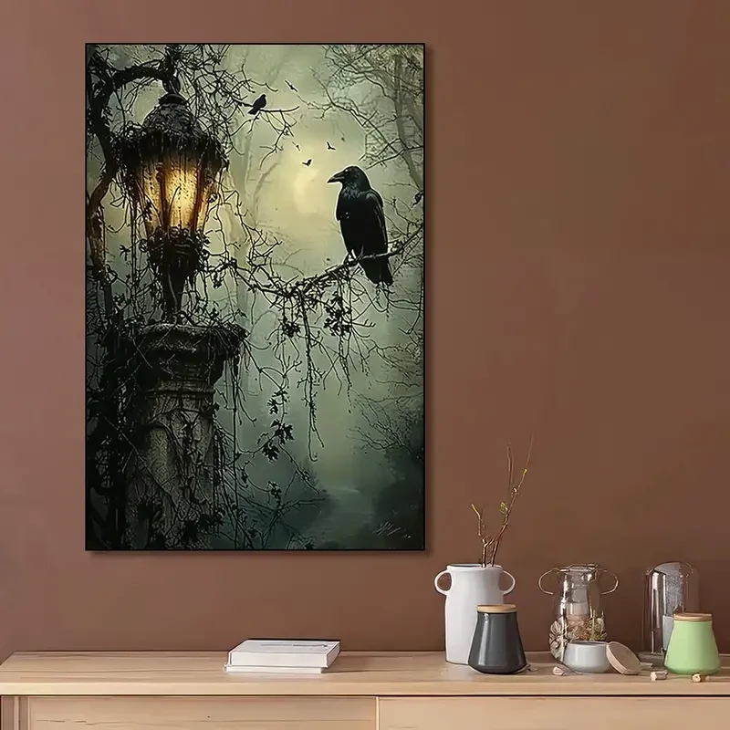 Mysterious 1pc Gothic Raven and Lantern Wall Art Canvas Print