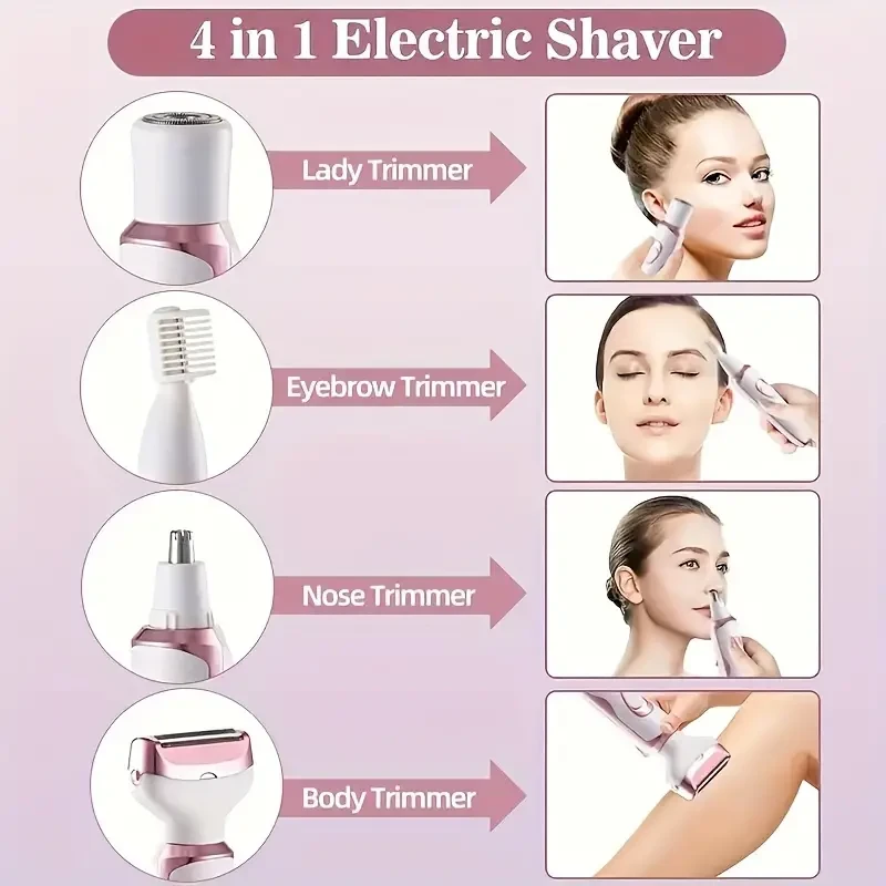4-in-1 Precision Womens Electric Shaver Kit - Bikini, Underarm, Leg & Facial Hair Trimmer - Smooth Grooming for eyebrows & Nasal Hair - Ideal Gift for Her, Mothers Day Celebration