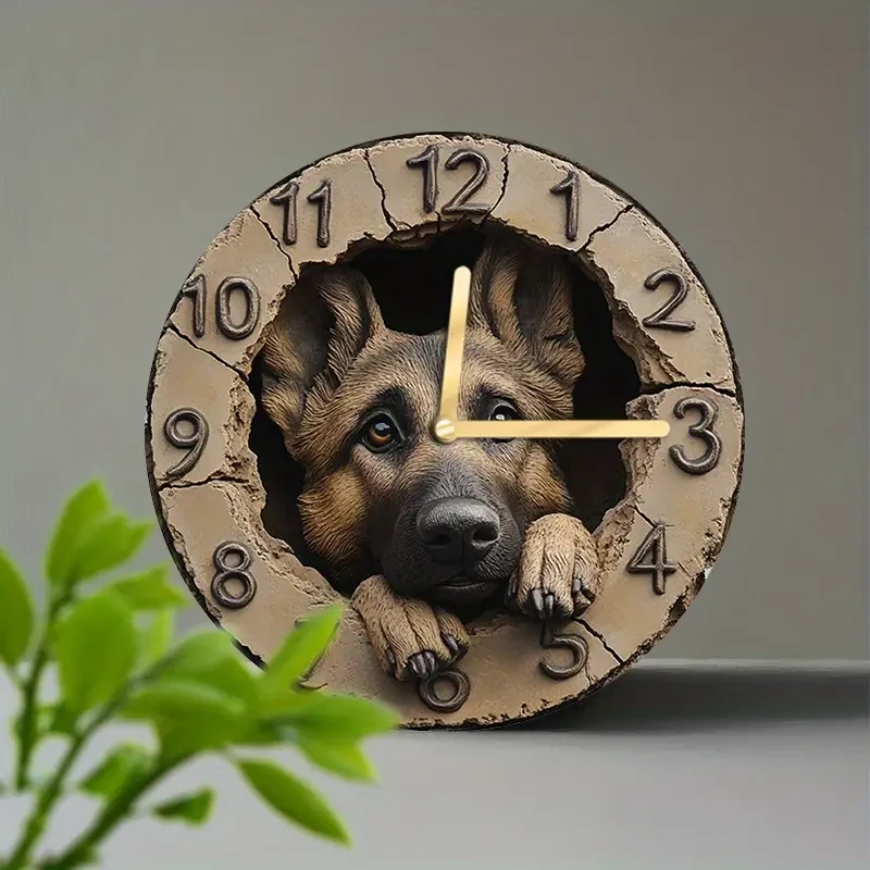 Silent German Shepherd Peeking Wall Clock