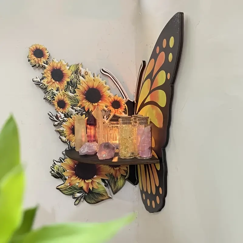 Whimsical Sunflower Butterfly Wall Corner Rack  Spacious Storage Shelf for Home & Party Decor