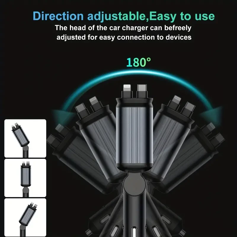 W&O 4-in-1 Retractable Car Charger  High-Power Adapter with USB & Type-C Ports