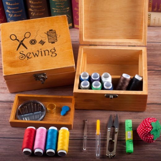 Small Wooden Box Sewing Kit
