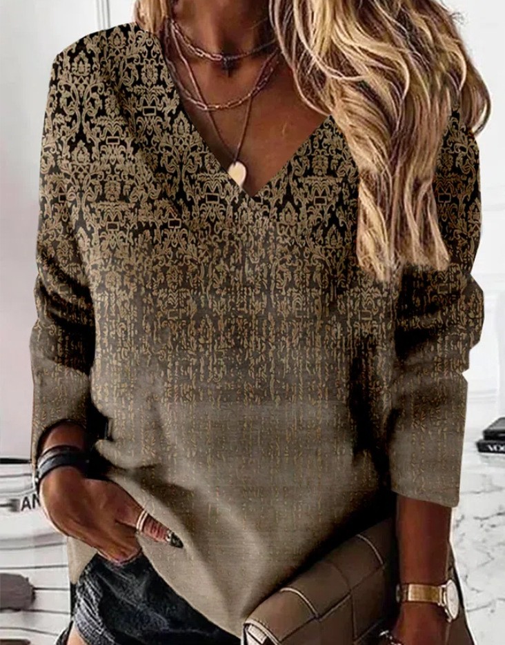 Long Sleeve V-neck Floral Style Women's Shirt