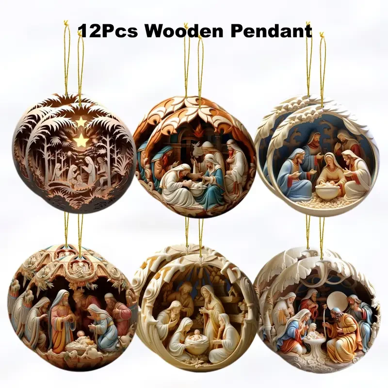 12pcs Nativity Scene Wooden Ornaments Set - 3D Effect Bible Story Decorations for Home, Birthday & Holiday Parties