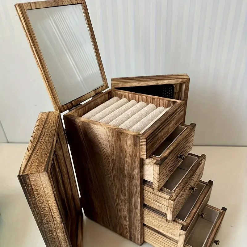 Vintage Wood Jewelry Organizer with Transparent Lid