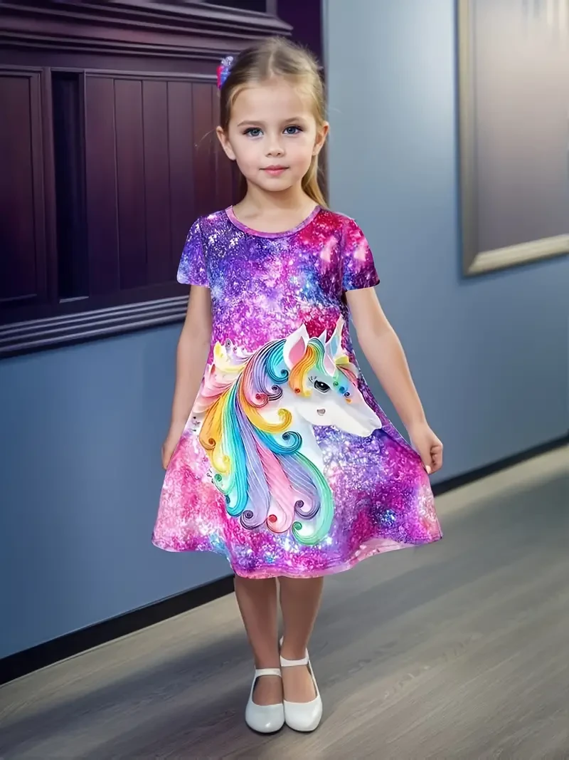 Charming Tie Dye Unicorn Print Tee Dress For Girls, Stretch Short Sleeve Dress For Vacation Going Out
