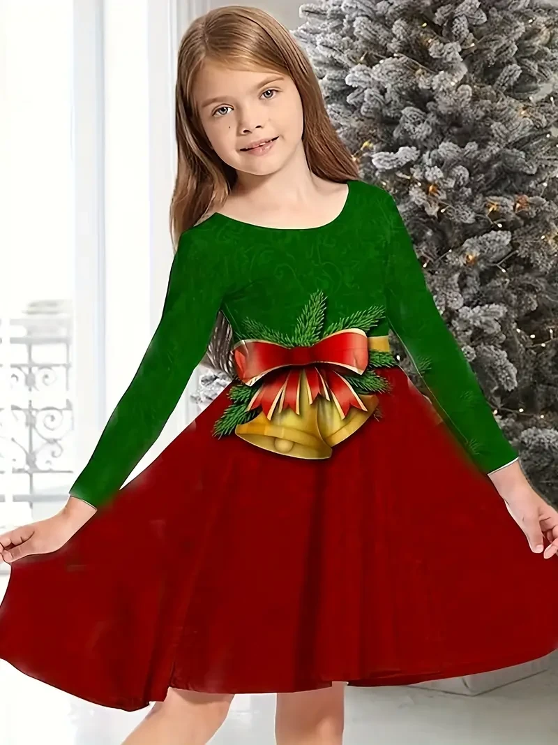 Girls Cartoon Reindeer Graphic Crew Neck Dresses Kids Gift Christmas Halloween