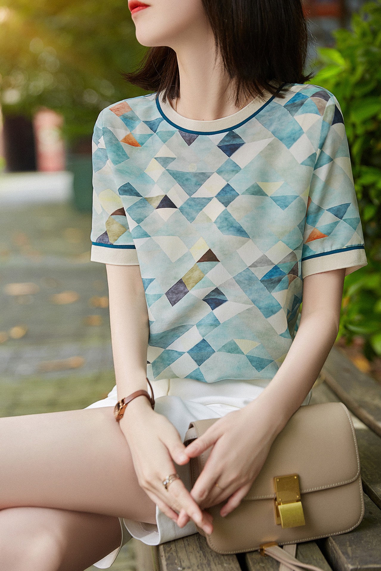Women's Geometric Contrast Printed Short-sleeved T-shirt