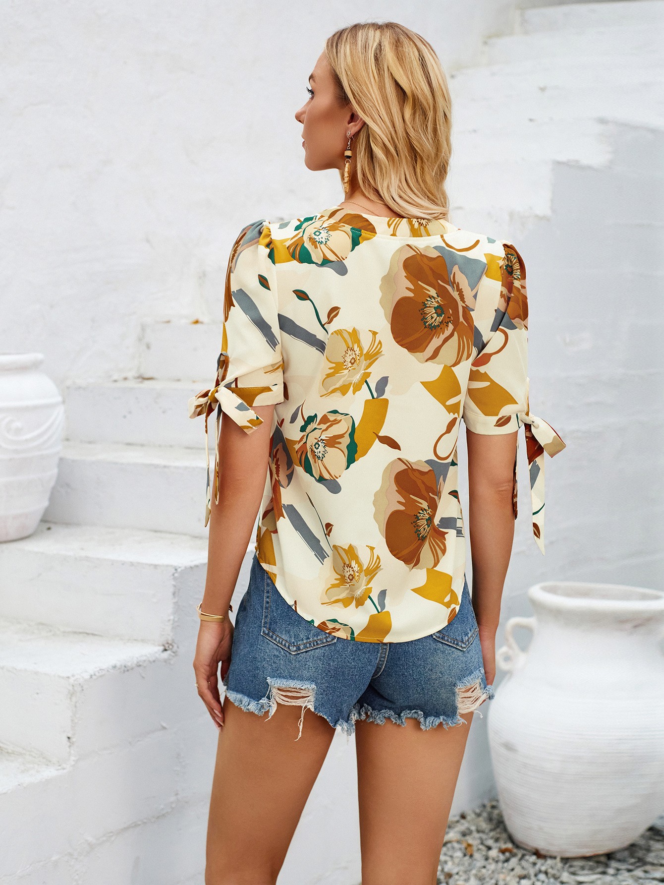 Fashion Printed Casual V-Neck Cuff Bundle Top