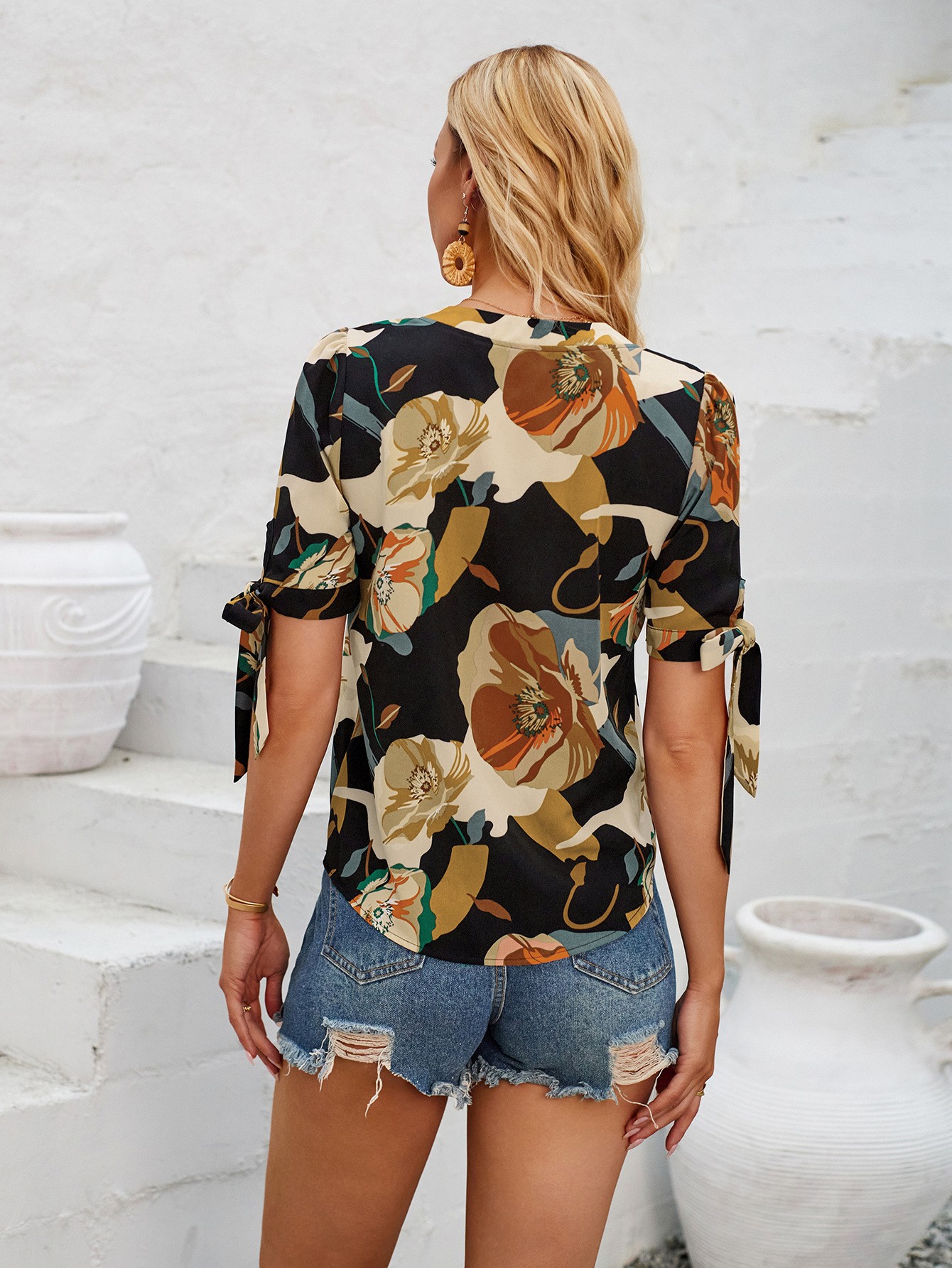 Fashion Printed Casual V-Neck Cuff Bundle Top