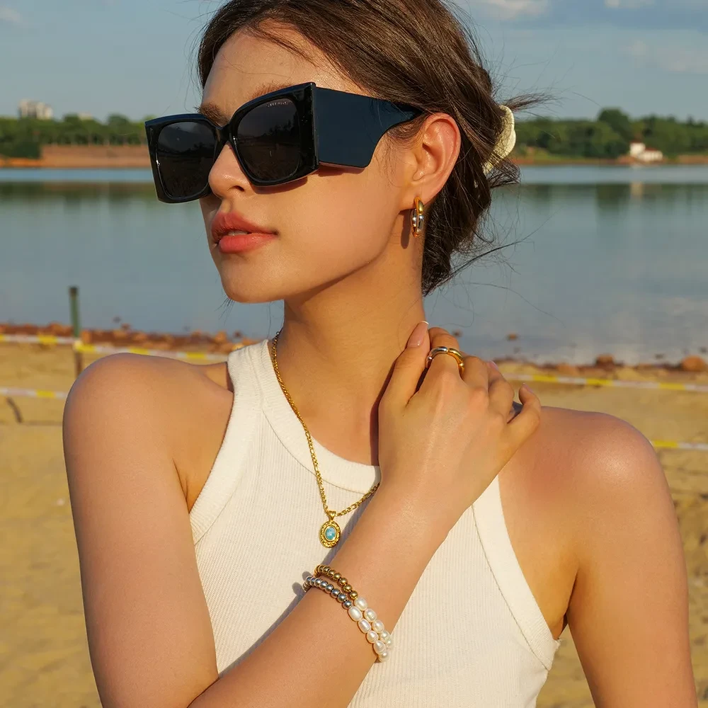 Margaux Freshwater Pearl Bracelet Trendy Stainless Steel Freshwater Pearl Round Bead Bracelet Men Women Gold Silver Color Waterproof Jewelry