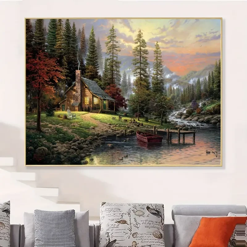 1pc Unframed Rustic Forest Lake Wooden House Scenery Canvas Poster