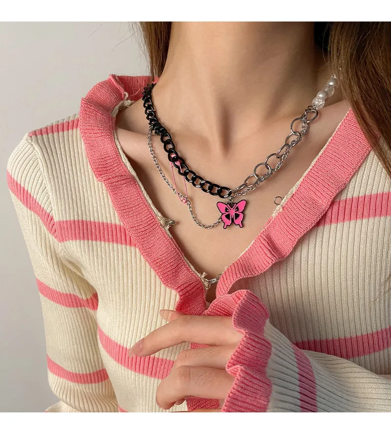 Black Chain Pin Butterfly Necklace