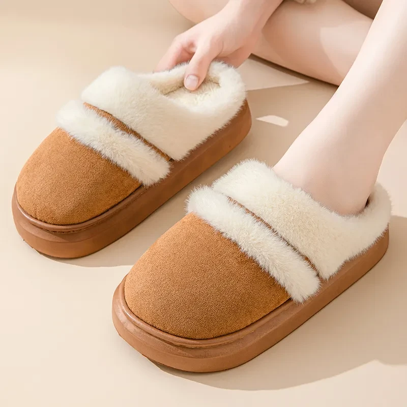 Warm Cotton Slippers For Women Leisure Thick Bottom Non-slip Plus-velvet House Shoes Winter Bedroom Floor Suede Slipper