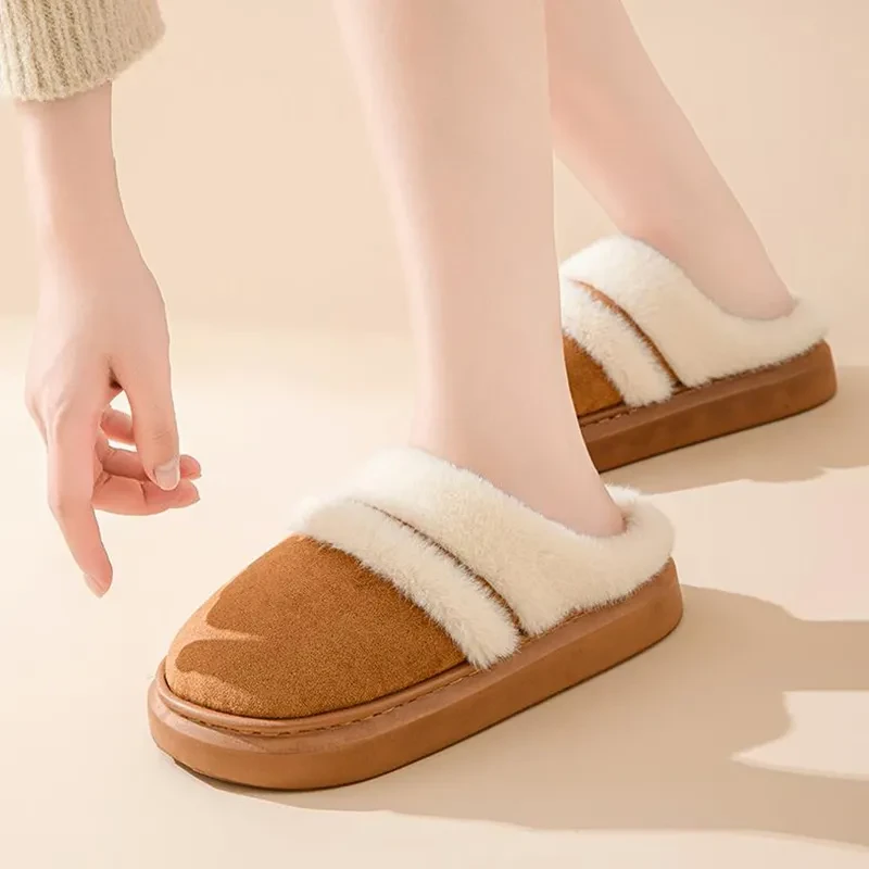 Warm Cotton Slippers For Women Leisure Thick Bottom Non-slip Plus-velvet House Shoes Winter Bedroom Floor Suede Slipper