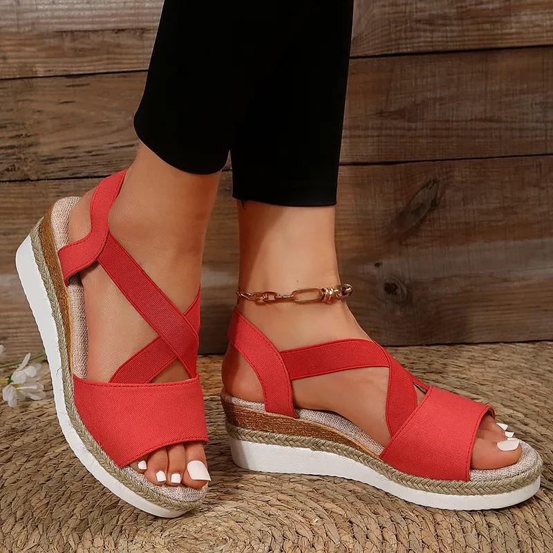 Wedge Sandals For Women Cross-strap Platform Gladiator Hemp Heel Shoes Summer