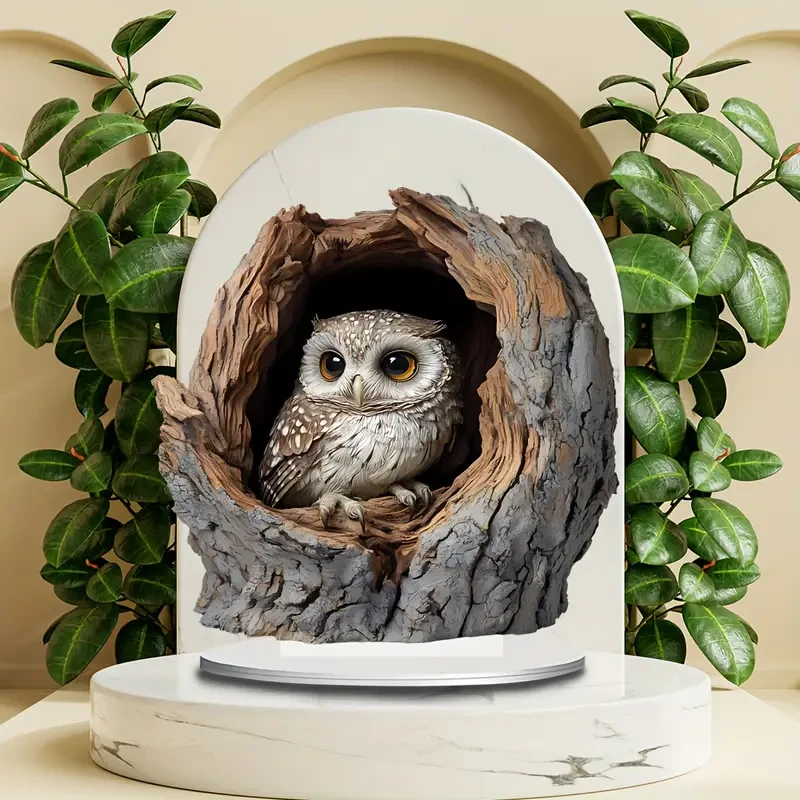 Boho Style Acrylic Owl Stump Decorative Plaque with Stand
