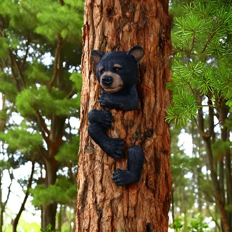 Resin Black Bear Tree Hugger Sculpture  Garden Decoration