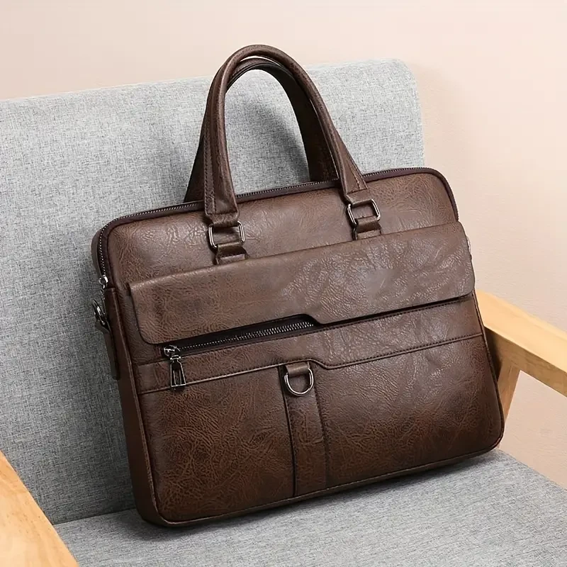 Premium Faux Leather Mens Retro Briefcase - Stylish & Durable Tote Bag for Business Professionals with Spacious Compartments