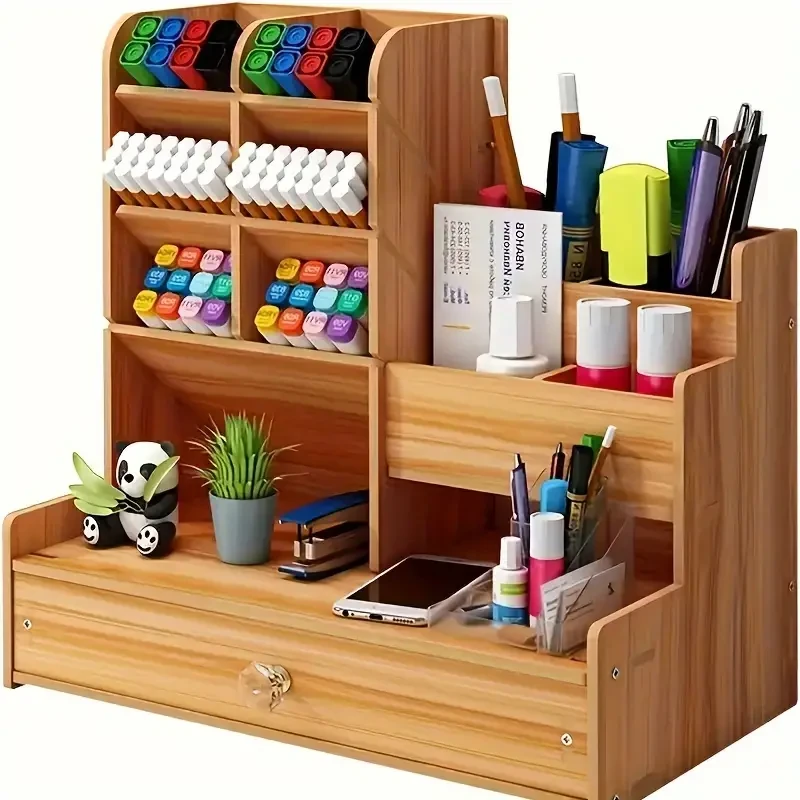 Multifunctional Wooden Desk Organizer with File and Pen Holder, Sustainable Fiber Board Structure, Black Synthetic Material, Non-Washable - Ideal for Daily Office Use