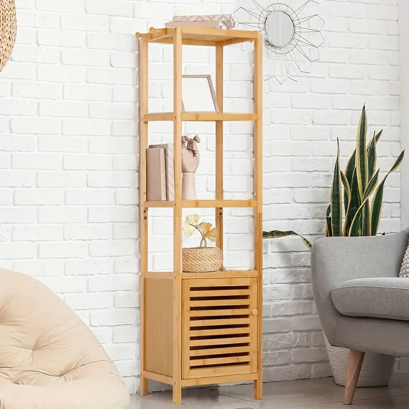 4 Tiers Multifunctional Floor Tall Slim Storage Cabinet Bathroom Storage Cabinet With Shelves Bamboo Towel Cabinet For Living Room Organizer