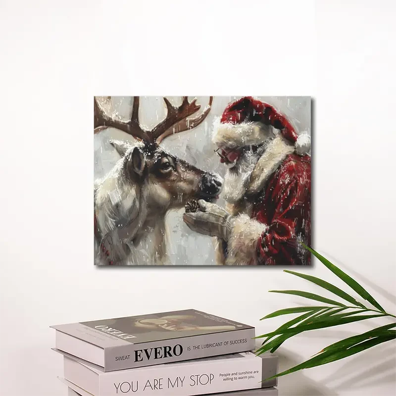 Charming Santa Claus & Reindeer Canvas Wall Art